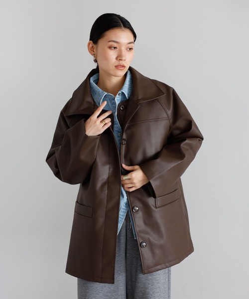 セール】fake leather soutien collar middle coat with liner