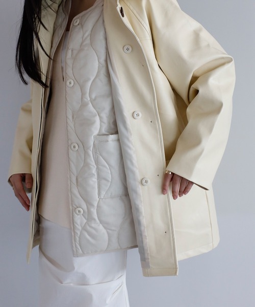 セール】fake leather soutien collar middle coat with liner