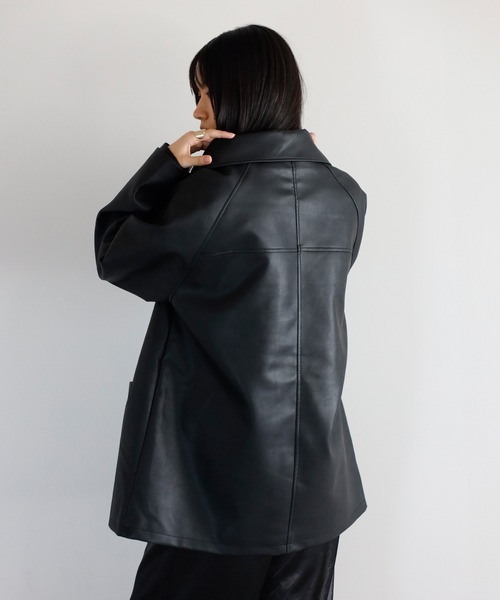 セール】fake leather soutien collar middle coat with liner