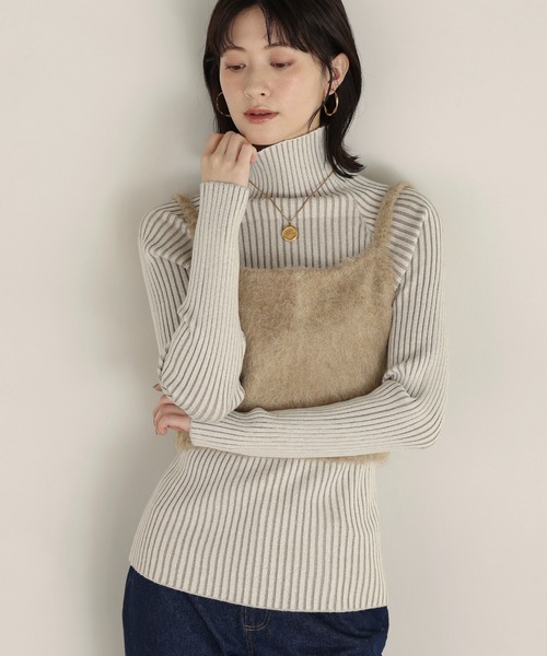 2点コーデSET】モヘアタッチニットビスチェ×シームレス リブタートル