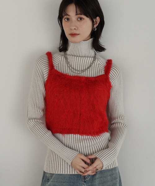 2点コーデSET】モヘアタッチニットビスチェ×シームレス リブタートル