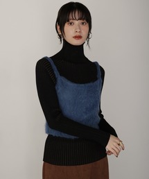 【2点コーデSET】モヘアタッチニットビスチェ×シームレス リブタートルニット