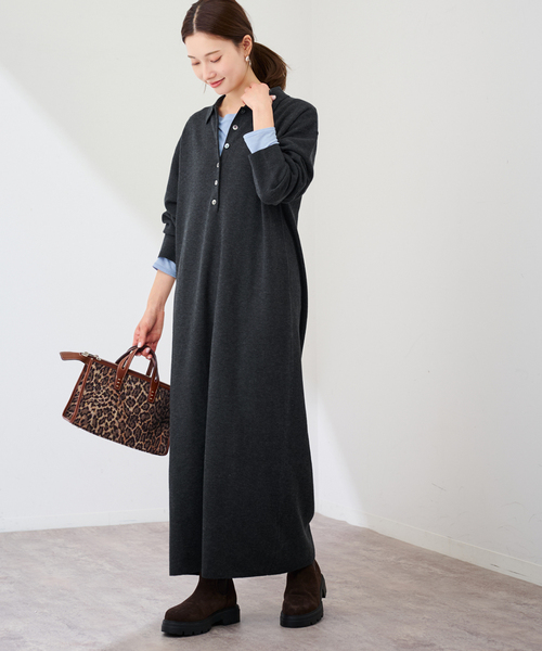 FRAMeWORK（フレームワーク）の「ポロシャツニットワンピース（ワンピース・レディース・ブラウン/チャコールグレー・FREE）」の2枚目の写真