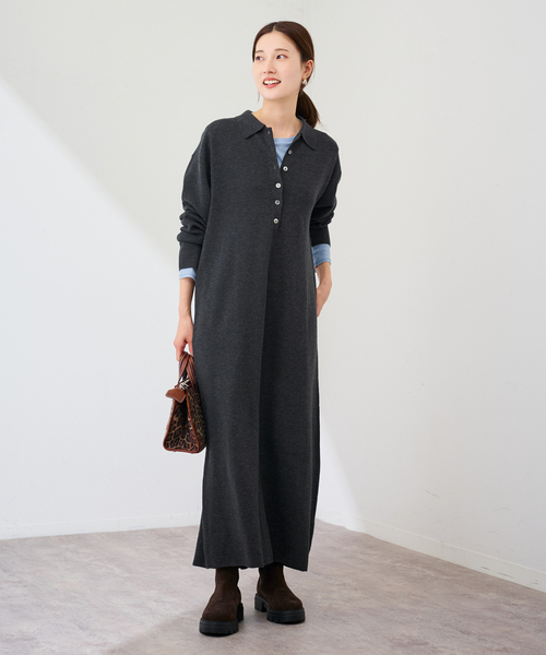 FRAMeWORK（フレームワーク）の「ポロシャツニットワンピース（ワンピース・レディース・ブラウン/チャコールグレー・FREE）」の3枚目の写真