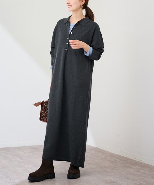FRAMeWORK（フレームワーク）の「ポロシャツニットワンピース（ワンピース・レディース・ブラウン/チャコールグレー・FREE）」の4枚目の写真