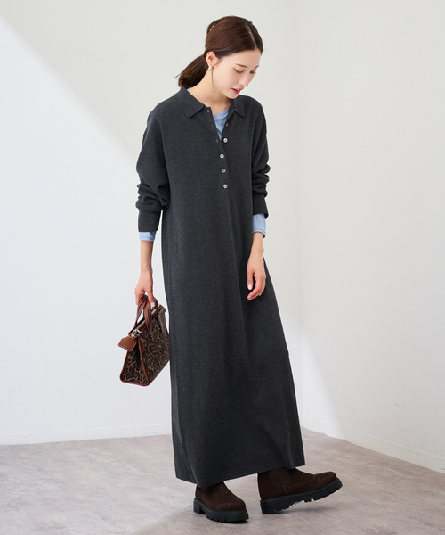 FRAMeWORK（フレームワーク）の「ポロシャツニットワンピース（ワンピース・レディース・ブラウン/チャコールグレー・FREE）」の5枚目の写真