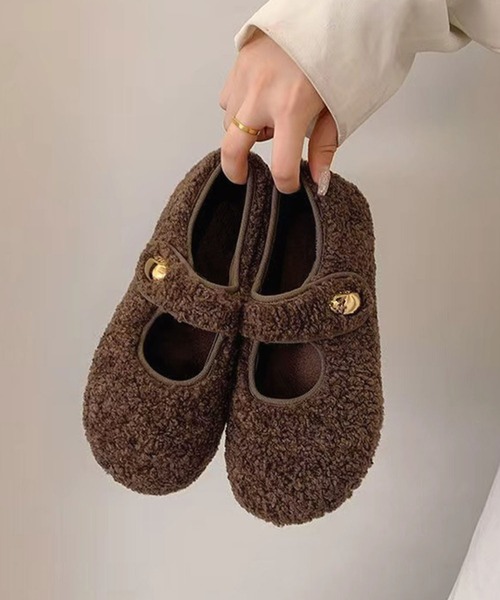 LOWO(ロワ)の「ボア メリージェーンシューズ フラットシューズ バレエシューズ パンプス 秋 冬(パンプス・レディース・ブラウン/キャメル/ブラック・36/37/38/39/40)」の1枚目の写真