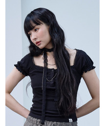 THE GREEN LAB（ザグリーンラボ）の「Lace Tie Scarf Short Sleeve T-Shirt [Black]（Tシャツ/カットソー・レディース）」