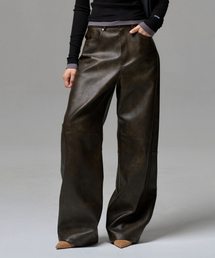 WOMEN FAUX LEATHER TWO-TONE PANEL PANTS - TOBACCO BROWN