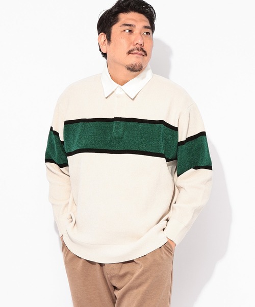 B&T CLUB（ビーティークラブ）の「ニット メンズ 大きいサイズ Wフェイス モール ラガーシャツ B＆T CLUB (ビーアンドティークラブ)（ニット/セーター・メンズ・ライトグリーン/ネイビー/アイボリー・3L/5L/4L）」の2枚目の写真