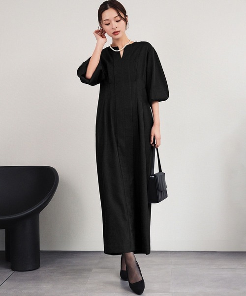 喪服・礼服】フォーマルワンピース キーネック 半袖 コクーン ロング丈