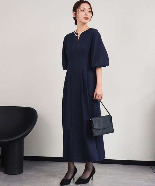 喪服・礼服】フォーマルワンピース キーネック 半袖 コクーン ロング丈