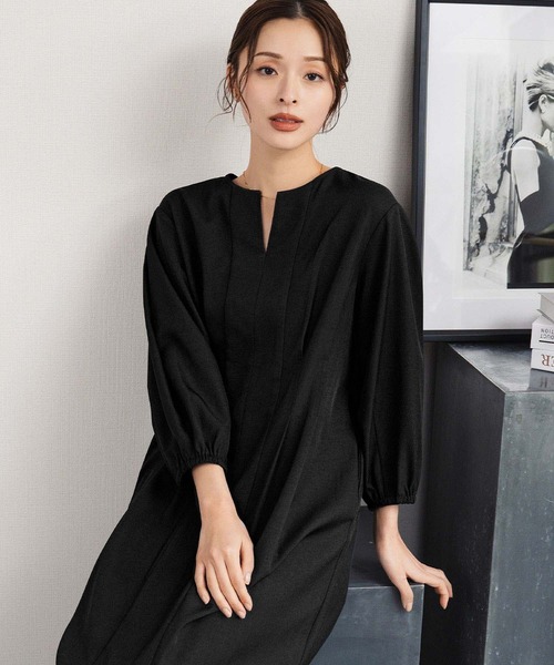 喪服・礼服】フォーマルワンピース キーネック 半袖 コクーン ロング丈