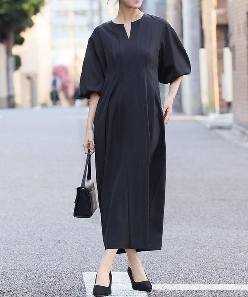 喪服・礼服】フォーマルワンピース キーネック 半袖 コクーン ロング丈