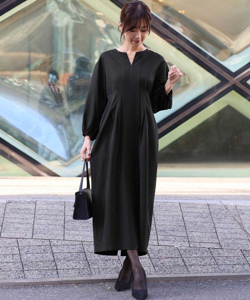 喪服・礼服】フォーマルワンピース キーネック 半袖 コクーン ロング丈