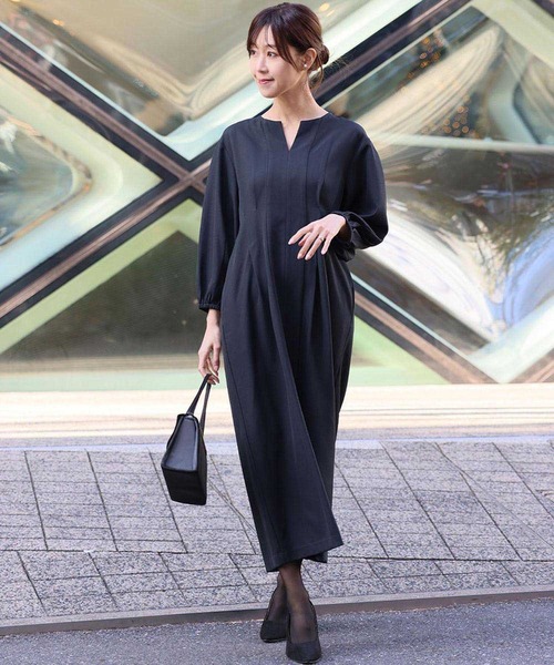 喪服・礼服】フォーマルワンピース キーネック 半袖 コクーン ロング丈