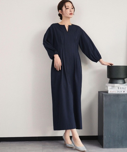 Flolia(フロリア)の「【喪服・礼服】フォーマルワンピース キーネック 半袖 コクーン ロング丈 ブラックフォーマル セレモニー 卒業式 卒園式 入学式 入園式 オケージョン 七五三 ママ 母親 マタニティ 妊婦【洗える】(ワンピース・レディース・ブラック/ネイビー・S/M/L/2L)」の4枚目の写真