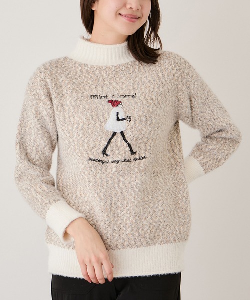 Jayro(ジャイロ)の「ガール刺繍ミックスニット(Tシャツ/カットソー・レディース・ベージュ/ライトグレー/ブルー系その他6/ピンク・FREE)」の2枚目の写真
