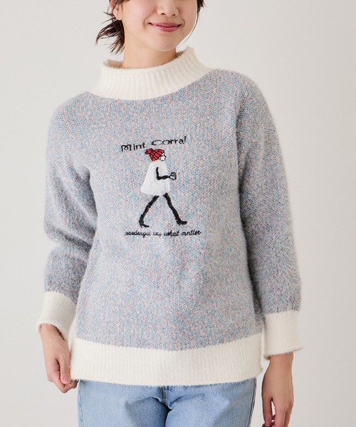 Jayro(ジャイロ)の「ガール刺繍ミックスニット(Tシャツ/カットソー・レディース・ベージュ/ライトグレー/ブルー系その他6/ピンク・FREE)」の3枚目の写真
