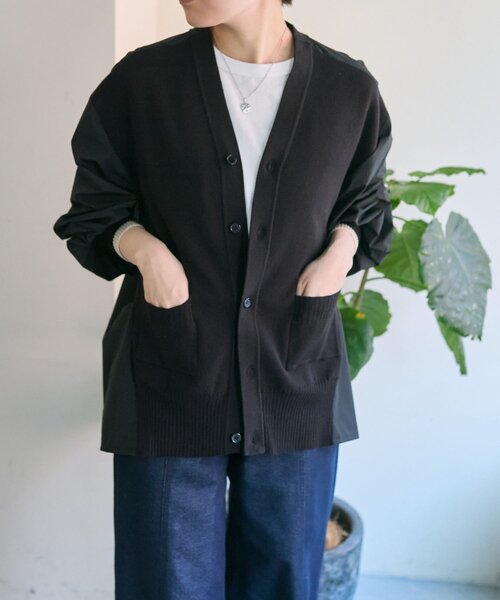 ear PAPILLONNER（イアパピヨネ）の「切替ニットシャツカーデ【SUM1 STYLE】（カーディガン/ボレロ・レディース・ブラック/サンドベージュ・FREE）」の8枚目の写真