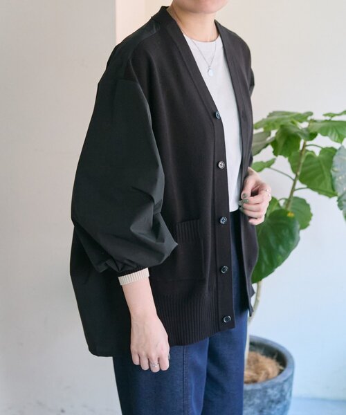 ear PAPILLONNER（イアパピヨネ）の「切替ニットシャツカーデ【SUM1 STYLE】（カーディガン/ボレロ・レディース・ブラック/サンドベージュ・FREE）」の10枚目の写真