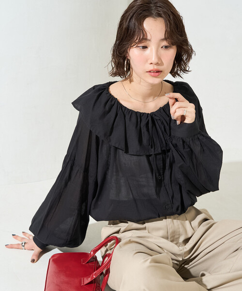 FREAK'S STORE(フリークスストア)の「限定展開 インド フリルカラー ロングスリーブ ブラウス(シャツ/ブラウス・レディース・ブラック/ブルー/モカ/レッド/オフホワイト・フリ-)」の1枚目の写真