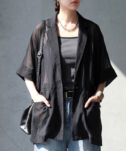 antiqua(アンティカ)の「シアー テーラードジャケット(テーラードジャケット・レディース・ブラック/グレー・ONESIZE)」の2枚目の写真
