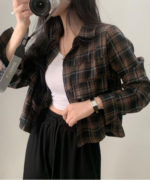 セール】チェック柄クロップドシャツジャケット（シャツ/ブラウス