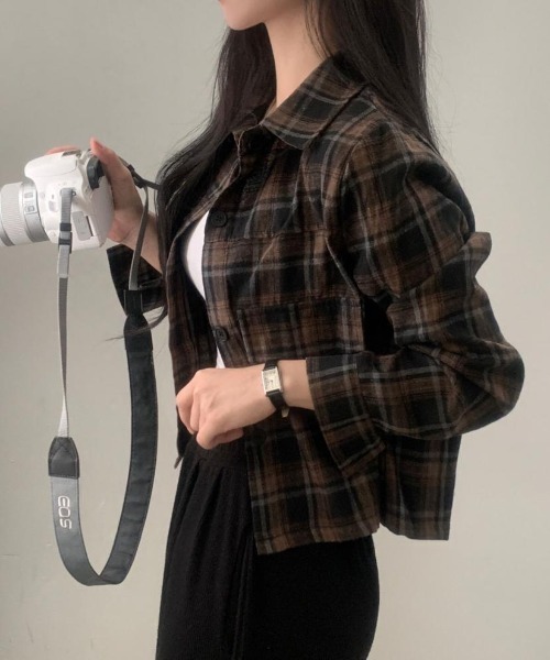 セール】チェック柄クロップドシャツジャケット（シャツ/ブラウス