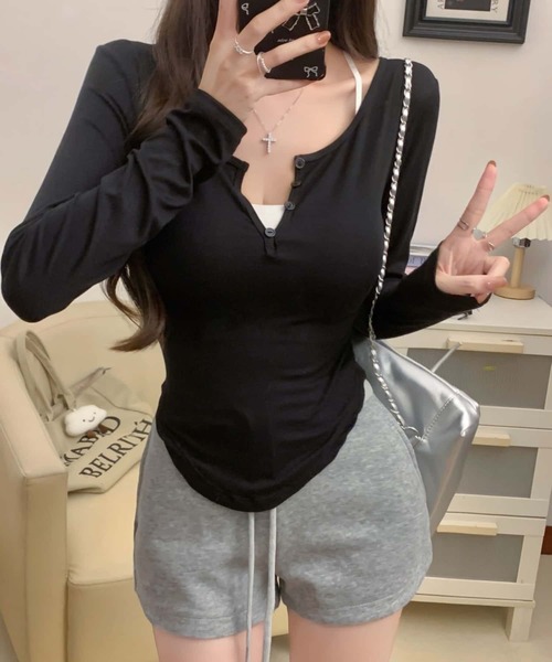 MAISON DE THERESE(メゾン ド テレーズ)の「2点セット キャミソールブラ/ロンT(Tシャツ/カットソー・レディース・ブラック/グレー/チャコールグレー/ホワイト・FREE)」の2枚目の写真