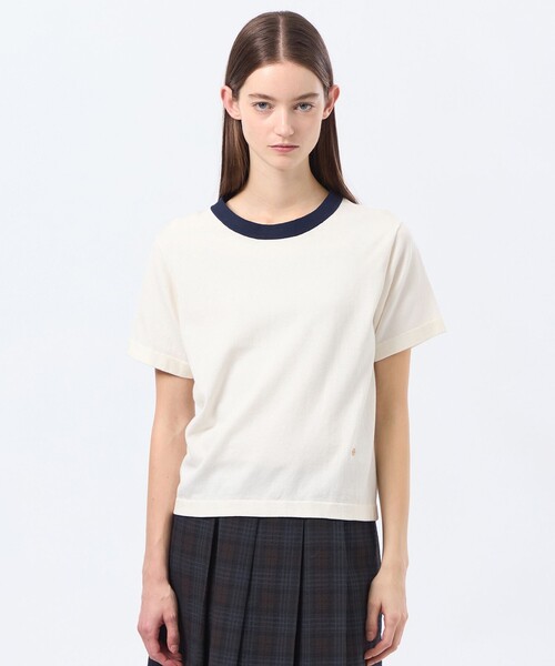 MACKINTOSH PHILOSOPHY(マッキントッシュ フィロソフィー)の「バイカラーファインコットンニット(Tシャツ/カットソー・レディース・ベージュ/オフホワイト/ブラウン系その他4/ダークネイビー・38)」の1枚目の写真