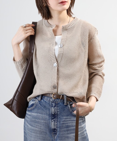 BRODIAEA(ブローディア)の「BRODIAEA リネンライクニットカーディガン 日本製(カーディガン/ボレロ・レディース・ブラック/ベージュ/グリーン/オリーブ/オフホワイト・40)」の3枚目の写真