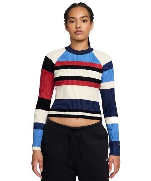 JORDAN BRAND(ジョーダンブランド)の「JORDAN BRAND Women's Long-Sleeve Striped Sweater(ジョーダンブランド ウィメンズ ジョーダン FLT L/S トップ SWTR STRIPE)(ニット/セーター・レディース・ネイビー系・SMALL/MEDIUM/LARGE)」の1枚目の写真