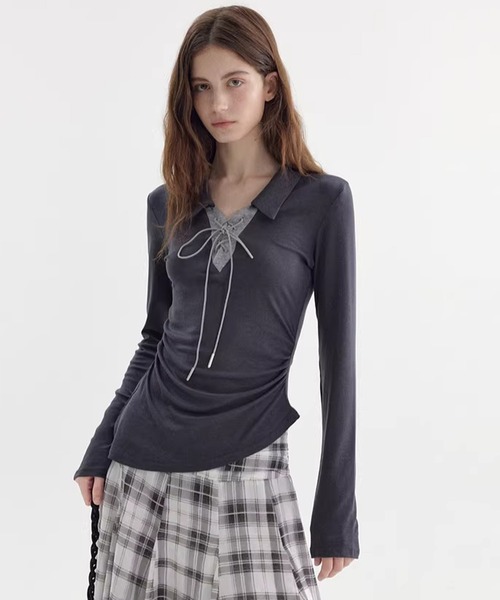 Fano Studios(ファノ ストゥディオズ)の「ポロカラー レースアップ ロングスリーブトップス FX26S147【Fano Studios】【2026SS】(Tシャツ/カットソー・レディース・ライトブルー/グレー・M/S)」の5枚目の写真