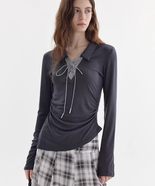 Fano Studios(ファノ ストゥディオズ)の「ポロカラー レースアップ ロングスリーブトップス FX26S147【Fano Studios】【2026SS】(Tシャツ/カットソー・レディース・ライトブルー/グレー・M/S)」の8枚目の写真