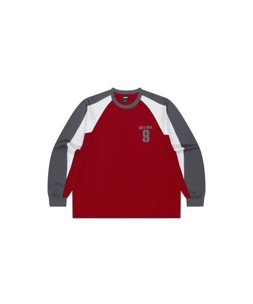 HDEX(エイチデックス)の「ナンバー8 ラグランブロックロングスリーブ (ディープレッド)(Tシャツ/カットソー・メンズ・レンガ・MEDIUM/LARGE/X-LARGE/2XL)」の2枚目の写真