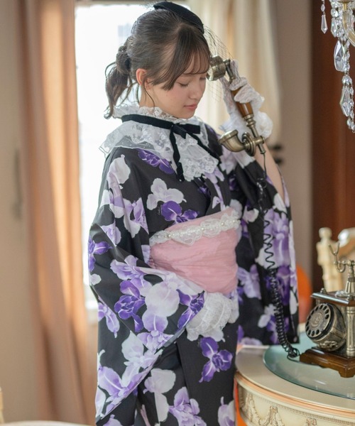 Catherine Cottage(キャサリンコテージ)の「背中ファスナー シワ兵児帯一体型ゆかた(lady's)(浴衣・レディース・ブラック系/ピンク系3/ブルー/サックスブルー系/パープル系1/パープル系3/ブラック系3・S/L/M)」の2枚目の写真
