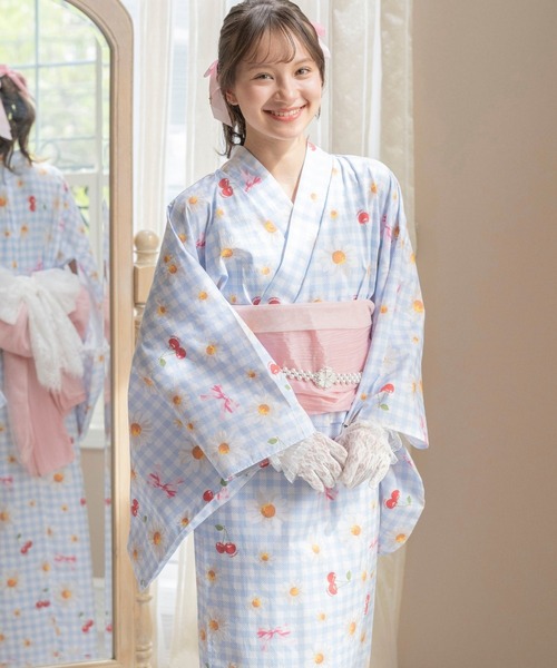 Catherine Cottage(キャサリンコテージ)の「背中ファスナー シワ兵児帯一体型ゆかた(lady's)(浴衣・レディース・ブラック系/ピンク系3/ブルー/サックスブルー系/パープル系1/パープル系3/ブラック系3・S/L/M)」の4枚目の写真