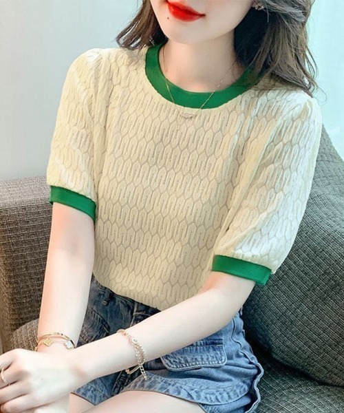 トップス Reee セール】配色リブ編み柄風トップス（Tシャツ/カットソー）｜ReRe（リリ