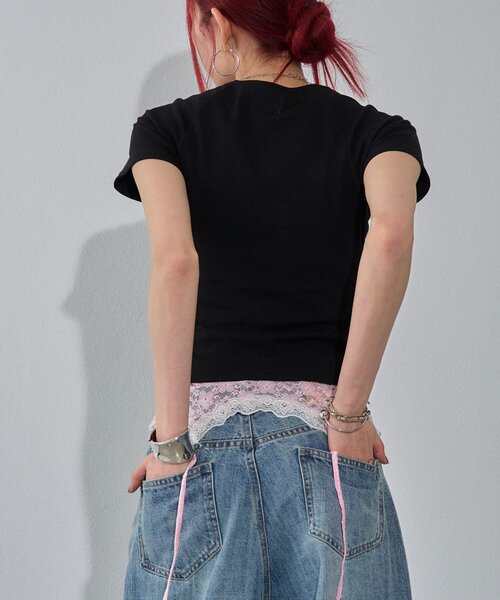 WHO'S WHO gallery（フーズフーギャラリー）の「デフォルメレースロゴチビT（Tシャツ/カットソー・レディース・ピンク/オフホワイト/イエロー/サックスブルー/ブラック・FREE）」の16枚目の写真