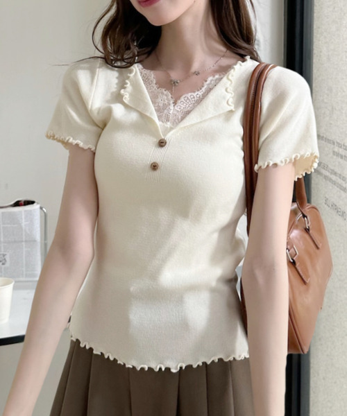 Ada.(エイダ)の「レース ドッキング Vネック メロウ 仕上げ カットソー(Tシャツ/カットソー・レディース・グリーン/イエロー/アイボリー/ブルー・FREE)」の20枚目の写真