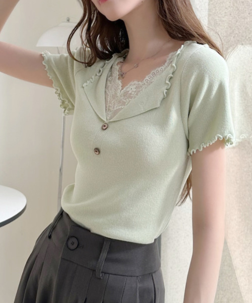 Ada.(エイダ)の「レース ドッキング Vネック メロウ 仕上げ カットソー(Tシャツ/カットソー・レディース・グリーン/イエロー/アイボリー/ブルー・FREE)」の5枚目の写真