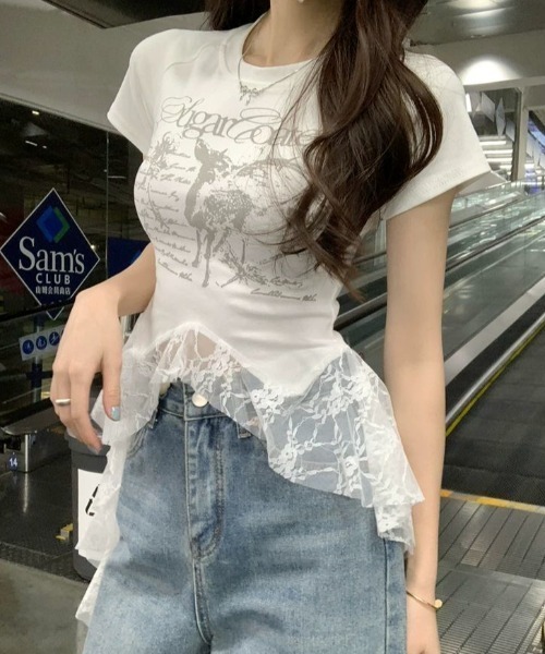 SHEPP(シープ)の「アシンメトリーティアードレース切替プリント半袖Tシャツ(Tシャツ/カットソー・レディース・ブラック/ホワイト・M/S)」の3枚目の写真