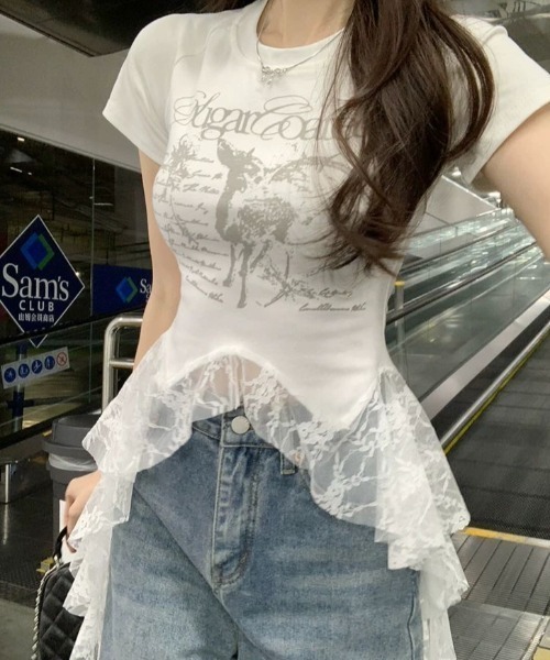 SHEPP(シープ)の「アシンメトリーティアードレース切替プリント半袖Tシャツ(Tシャツ/カットソー・レディース・ブラック/ホワイト・M/S)」の4枚目の写真