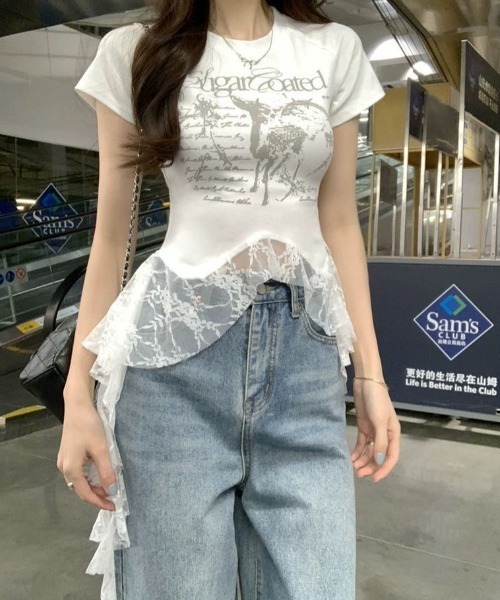 SHEPP(シープ)の「アシンメトリーティアードレース切替プリント半袖Tシャツ(Tシャツ/カットソー・レディース・ブラック/ホワイト・M/S)」の5枚目の写真