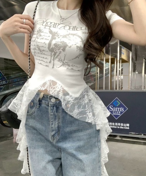 SHEPP(シープ)の「アシンメトリーティアードレース切替プリント半袖Tシャツ(Tシャツ/カットソー・レディース・ブラック/ホワイト・M/S)」の6枚目の写真