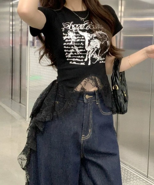 SHEPP(シープ)の「アシンメトリーティアードレース切替プリント半袖Tシャツ(Tシャツ/カットソー・レディース・ブラック/ホワイト・M/S)」の7枚目の写真