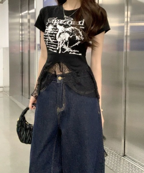 SHEPP(シープ)の「アシンメトリーティアードレース切替プリント半袖Tシャツ(Tシャツ/カットソー・レディース・ブラック/ホワイト・M/S)」の10枚目の写真