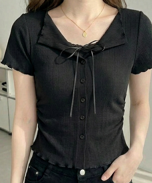 VIVID LADY(ビビッドレディー)の「キャミドッキング カーディガン風トップス(Tシャツ/カットソー・レディース・グレー/ライトブルー/ブラック/アイボリー・FREE)」の2枚目の写真