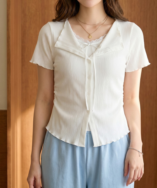 VIVID LADY(ビビッドレディー)の「キャミドッキング カーディガン風トップス(Tシャツ/カットソー・レディース・グレー/ライトブルー/ブラック/アイボリー・FREE)」の8枚目の写真